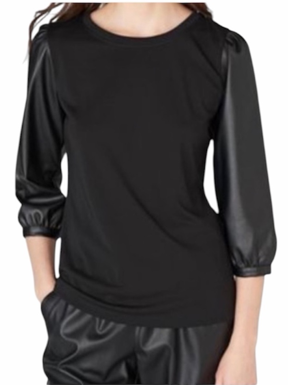 KARL LAGERFELD PARIS Black Mixed-Media Puff Shoulder Faux Leather Sleeve Top S